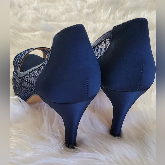 Nina Fanya Satin Navy Peep-Toe Heels With Mesh And Rhinestone Design Size 10 - Picture 7 of 8